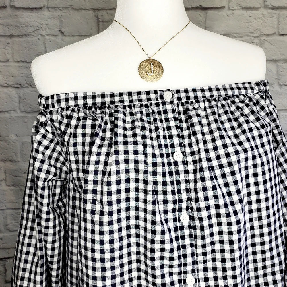 Black White Checkered Peasant Top 3/4 Sleeves | Gingham | Medium - Picture 5 of 13